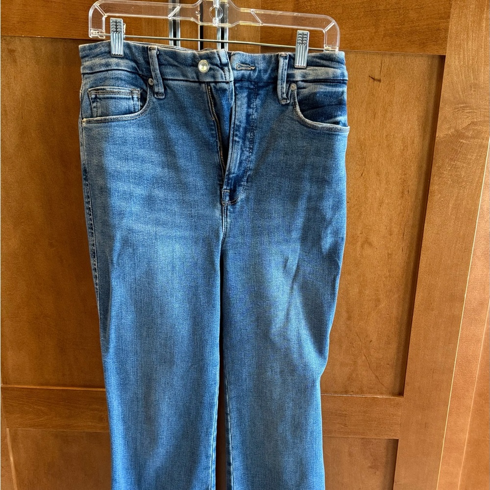 Good American Vintage Straight Jeans High Rise Raw Hem Size 10/30 Medium Wash